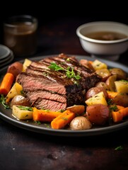 A plate of tender beef brisket with a flavorful gravy and roasted root vegetables