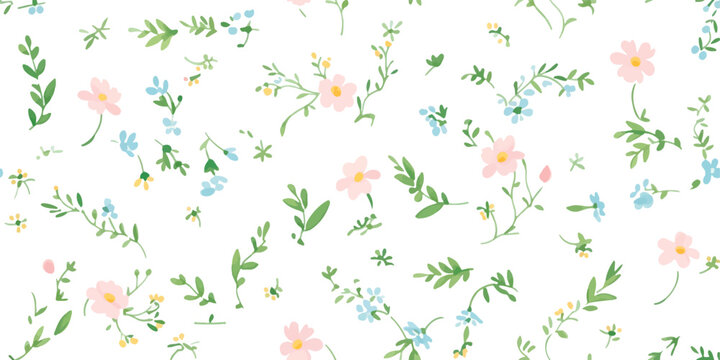 Vintage seamless floral pattern. Liberty style background of small pastel colorful flowers. Small flowers scattered over a white background. Vector for printing on surfaces. Abstract flowers. © Eli Berr