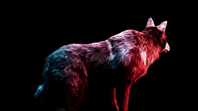 The wolf looks around alertly in the red-blue light. High quality animation of a wolf monster.