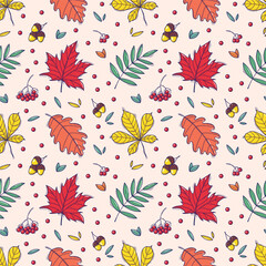 Fototapeta premium Autumn and thanksgiving seamless pattern with falling leaves in doodle style. Good for wrapping paper, textile prints, stationery, nursery decor, apparel, scrapbooking