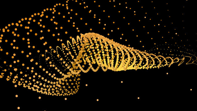 Data vibrate pulse dot particle wave. Abstract bulge hyperbola sinusoid. Infinity transition gradation 3d waveform background. Black gold.