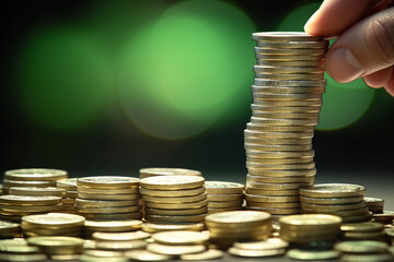 A hand adding coins to the top of a stack, money and finance image