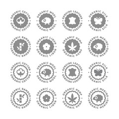 Obraz premium Organic wool, cotton and linen vector label. Natural hemp and silk, genuine leather material or fabric icon.