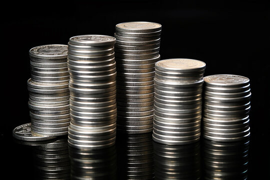 Dollar coins stacked high against a black background, money and finance image