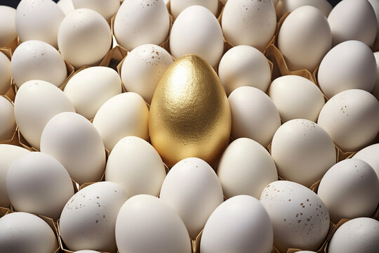 A lone golden egg in a nest of white eggs, money and finance image