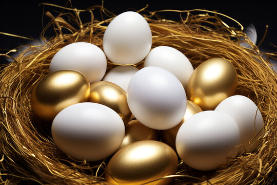 A ring of gold nestles among a clutch of white eggs, money and finance image