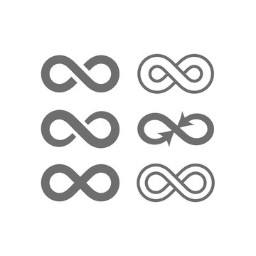 Infinity sign outline and filled vector icon set. Loop with arrows icons.