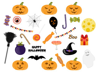 Autumn Halloween set. Pumpkin with an evil face and a smile. Pot of potion, broom and witch hat. Spider on the web and bat. Moon, balloons and eyes. Candy and gift in a box. Fly agaric on white.