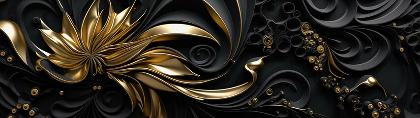 Black and gold, luxury background, floral shapes, black silk. AI Generated