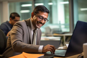 A smiling indian businessman is working on a laptop in his office, executive image
