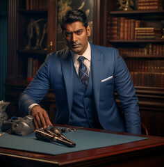 An Indian man in a blue suit is at his desk, strong attitude image
