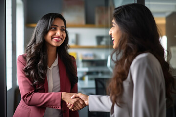 Indian Businesswomen Shaking Hands After Interview, achievement and success image - obrazy, fototapety, plakaty