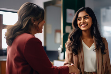 Obraz premium Indian businesswoman and woman shaking hands after job interview, achievement and success image