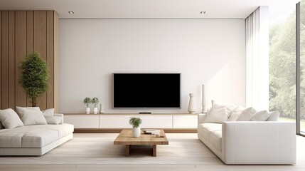 Modern minimalist living room with TV and beige sofa.