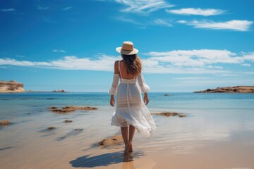 Fototapeta na wymiar Beautiful girl walking along the sea beach