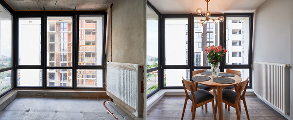 Photo collage of living room with large panoramic window before and after renovation. Old apartment...