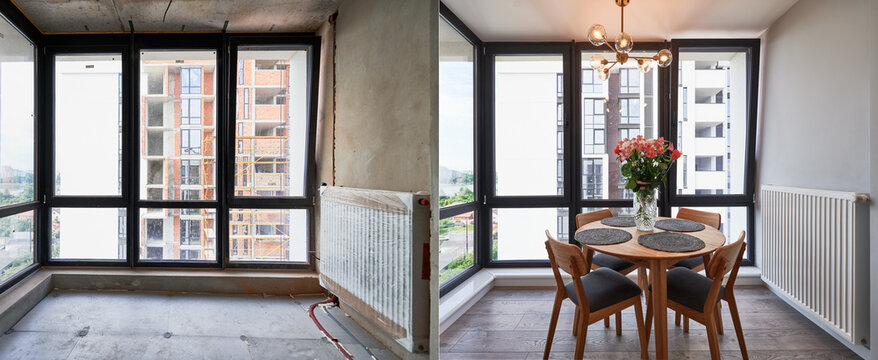 Photo collage of living room with large panoramic window before and after renovation. Old apartment with heating radiator and new renovated flat with flowers on table and elegant interior design.