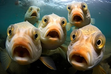 Group of fish in the blue water. Underwater world: funny fish making selfie. Ai generative