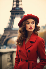 Nostalgia for old Paris: Beautiful French woman near the Eiffel Tower