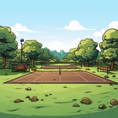 Cute Tennis Court with cartoon style isolated on a white background