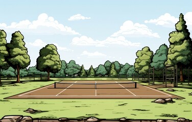 Cute Tennis Court with cartoon style isolated on a white background