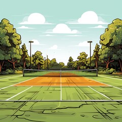 Cute Tennis Court with cartoon style isolated on a white background