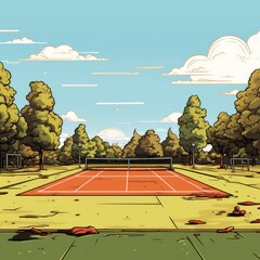 Cute Tennis Court with cartoon style isolated on a white background