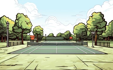 Cute Tennis Court with cartoon style isolated on a white background