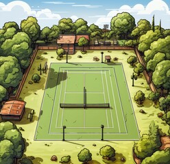Cute Tennis Court with cartoon style isolated on a white background