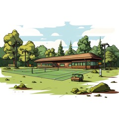 Cute Tennis Court with cartoon style isolated on a white background