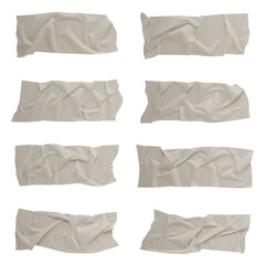 White scotch tape on white background, crumpled sticky tape, different sizes.