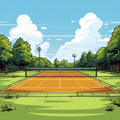 Cute Tennis Court with cartoon style isolated on a white background
