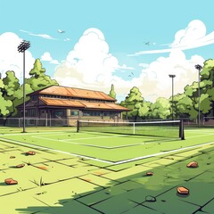 Cute Tennis Court with cartoon style isolated on a white background