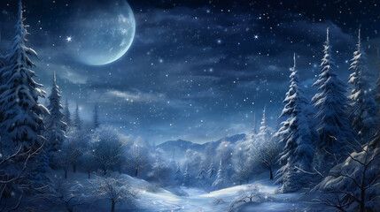 Naklejka na ściany i meble Enchanted Winter Wonderland, Moonlit Forest Glows in Silve