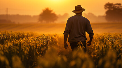 Farmer in the Fields. A New Day for Agriculture. Bountiful Harvest at Sunrise