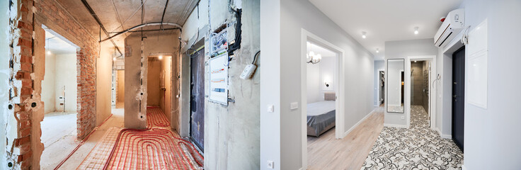 Comparison of old apartment with underfloor heating pipes and new renovated flat with doors and...