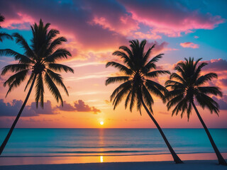 summer sunset beach with palm tree