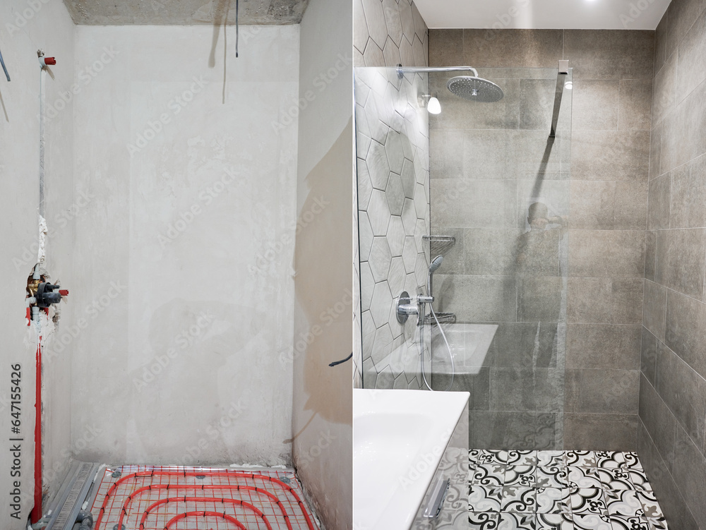 Wall mural apartment bathroom with heated floor before and after restoration. comparison of old flat with under