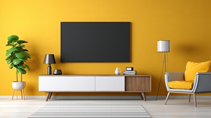 Modern minimalist living room with TV, yellow wall, yellow sofa, yellow wall.