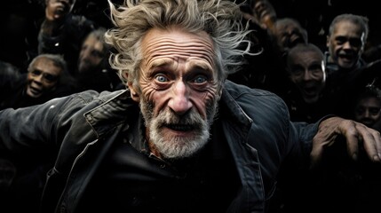 An expressive close-up portrait of an elderly man. Images in the style of photojournalism capture the hustle and bustle, aspirations and simultaneous juggling of responsibilities and roles.