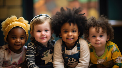 multicultural group of children in kindergarten