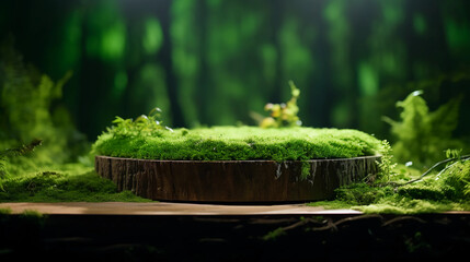 Wooden podium tabletop blurs the green backdrop, Green moss thrives on the aged log stage, green podium for nature product display, organic product showcase, studio lighting, Generative AI. - obrazy, fototapety, plakaty