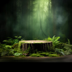 Wooden podium tabletop blurs the green backdrop, Green moss thrives on the aged log stage, green podium for nature product display, organic product showcase, studio lighting, Generative AI. - obrazy, fototapety, plakaty