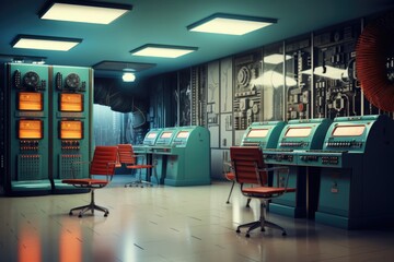 Vintage Computer Room With Mainframe Machines And Punch Card Readers - obrazy, fototapety, plakaty