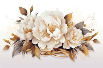 Wide Frame Side Bouquet Of Peonies In Hand With Ribbon Gold Banner Background Generative Ai