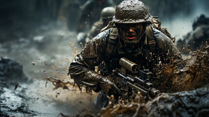 Combat Soldier in Action. Heroes of the Battlefield