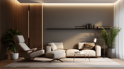 Interior of living room with couch and plant, modern and minimalistic style, white house, moody, window light, Generative AI.