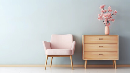 Interior of minimal living room with wooden chair, chest of drawers and vase with flowers near the wall, extremely modern and minimalistic style, Sweet home, relax, window light, Generative AI.