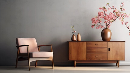 Interior of minimal living room with wooden chair, chest of drawers and vase with flowers near the wall, extremely modern and minimalistic style, Sweet home, relax, window light, Generative AI.