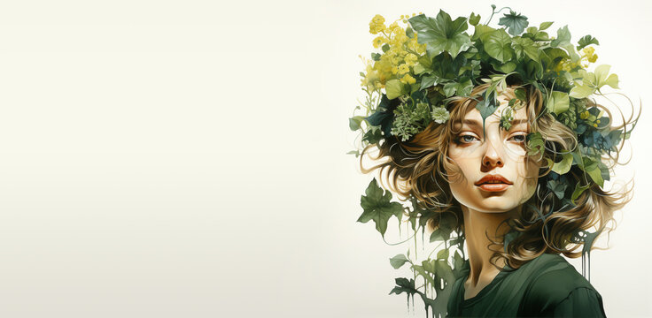 Portrait of a woman, plant growing like hair, green tedril leaves, connect to nature, consciousness and spirit